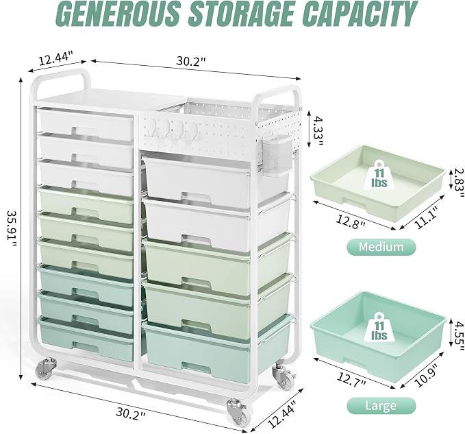 14 Drawer Rolling Storage Cart with Tabletop and Pegboard for Crafts Green | Easy Setup, Large Capacity, Sturdy Build, Smooth Mobility, For classroom, office and dorm supplies