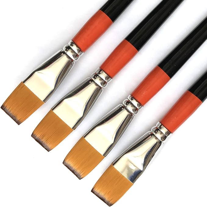One Inch Flat Bright Paint Brush Set of 4, Premium Taklon Synthetic Hair | No Shedding Bristles for Acrylic Watercolor Oil Gouache Tempera Enamel Ink Painting for Students, Professionals & Artists