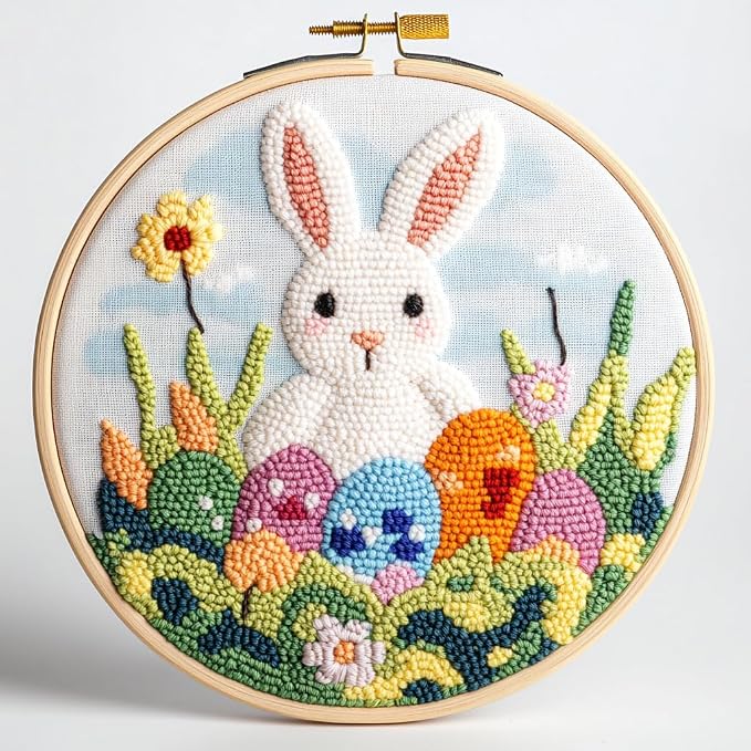 DIY Punch Needle Kits Happy Easter Rabbit and Eggs with Hoop 20x20cm-3 | with Pattern Stamped Easy for Beginners Embroidery Punch Needle Starter Craft Set for Adults Festival Gift and Decoration