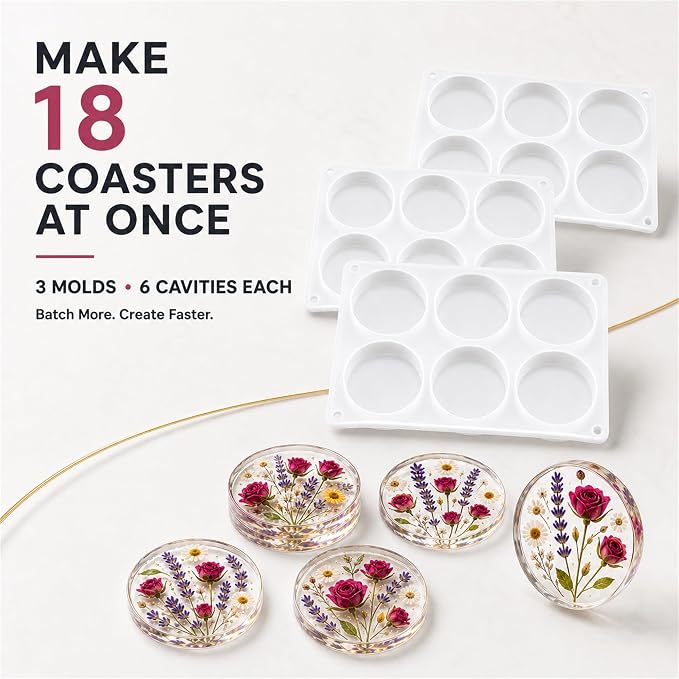 3PCS 18-Cavity Coaster Resin Molds, Round Coaster Molds for Epoxy Resin | 4 Inches Deep Coaster Silicone Molds for Resin , Epoxy Coaster Molds for Flower Bouquet Preservation,Cups Mats, DIY Craft