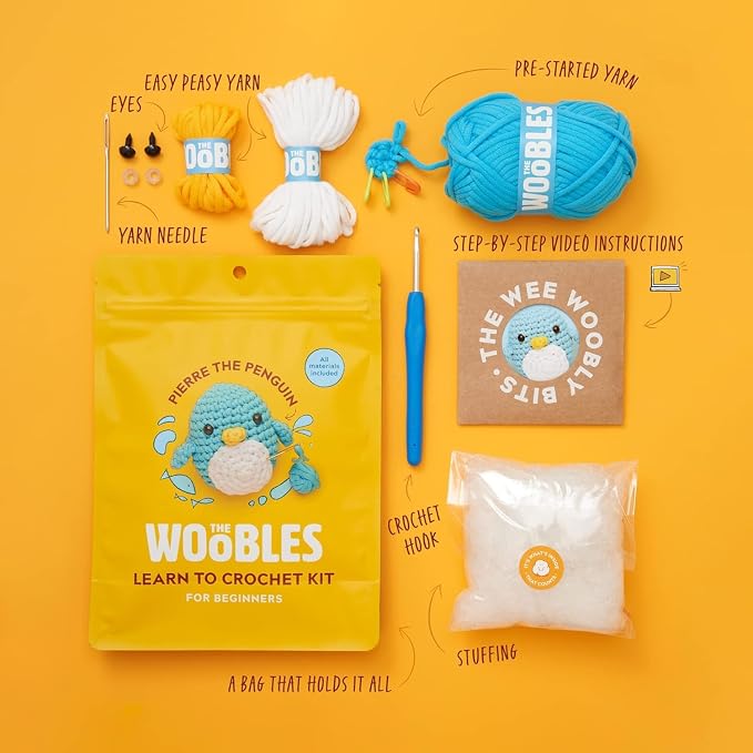 The Woobles Crochet Kit for Beginners - Pierre The Penguin | As seen on Shark Tank, Kit includes: Easy Peasy Yarn, pre-started piece, hook, safety eyes, stuffing, video tutorials, gift