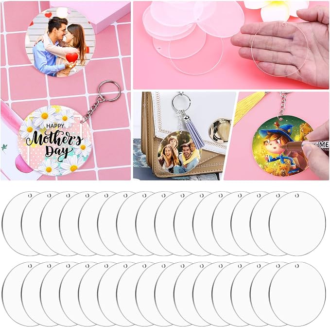 Audab 30Pcs Acrylic Ornament Blanks Bulk, Round Acrylic Blanks for Vinyl Clear Discs Keychain with Hole for Engraving DIY Projects, Art Crafts(3.5 Inch, 30 Pcs)