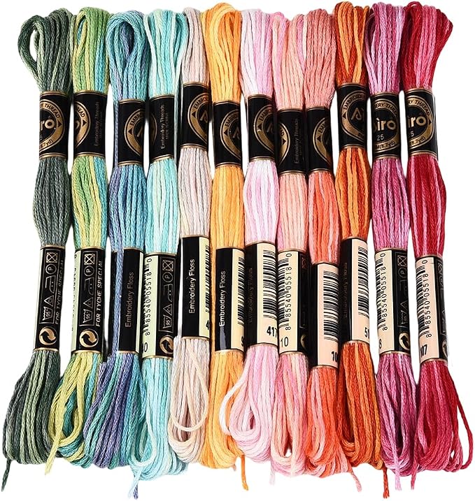12 Skeins 105 Yards Colorful Cross Stitch Floss Embroidery Thread 6 Ply Variegated Friendship String Polyester Threads Bulk for Sewing Making Bracelets Clothes Stitching Decor Crafts DIY
