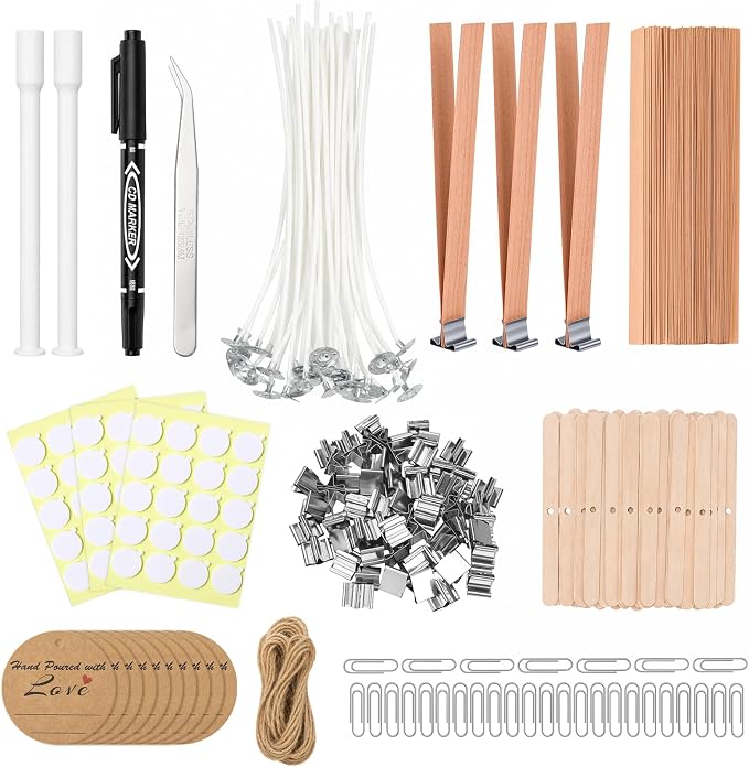 225Pcs Candle Making Kit, 6in Cotton & 5in Wood Wicks | Wick Holders, Candle Stickers, Tweezers, Pen, Use For Homemade Candles, DIY Crafts, & Gifts.