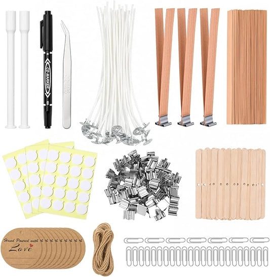 225Pcs Candle Making Kit, 6in Cotton & 5in Wood Wicks | Wick Holders, Candle Stickers, Tweezers, Pen, Use For Homemade Candles, DIY Crafts, & Gifts.