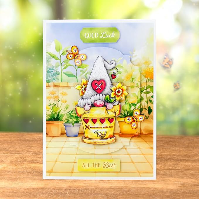 Katy Sue The Garden Gnomes Card Making Kit. Makes 8 Cards at 5 x 7 Inches. Contains Gnome Die-Cut Decoupage, Background Scenes, Cards, Envelopes & Foam Pads for Card Making Supplies. UK-Made.