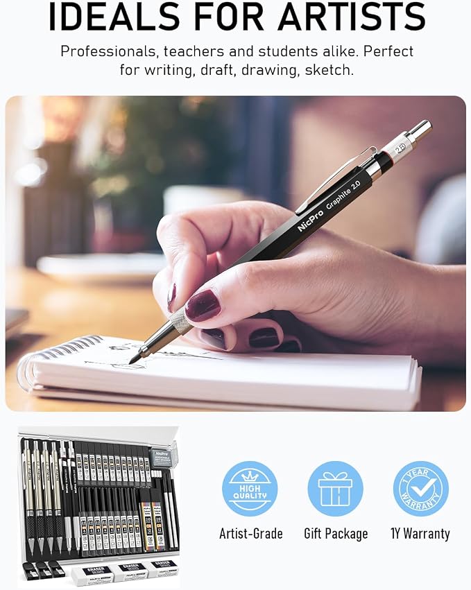 Nicpro 37PCS Art Mechanical Pencil Set, 4PCS Metal Drafting Pencil | 0.3mm, 0.5 mm, 0.7 mm, 0.9 mm & 2PCS 2mm Lead Holder (6B 4B 2B HB 2H 4H Colors) For Sketching Drawing With 23 Tube Lead Case