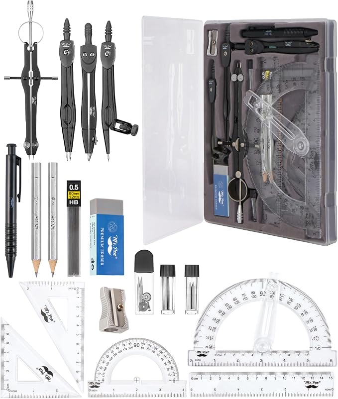 Mr. Pen- Geometry Set, 15 pcs, Black, 6 Inch Swing Arm Protractor, Divider | Set Squares, Ruler, Compasses and Protractor