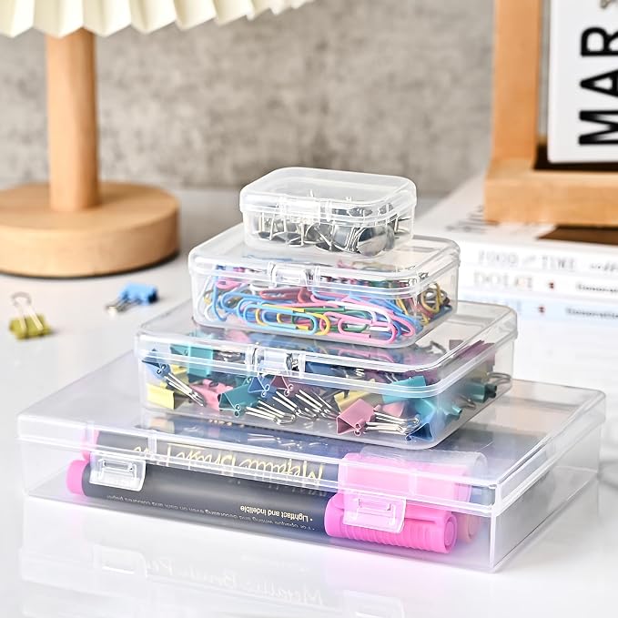 Clear Small Plastic Storage Containers with Lids, 7 Pack | Rectangular Mixed Sizes Mini Bins, Art Craft Supply Storage Boxes, Drawer Organizer with Lid, For Small Items Organizing