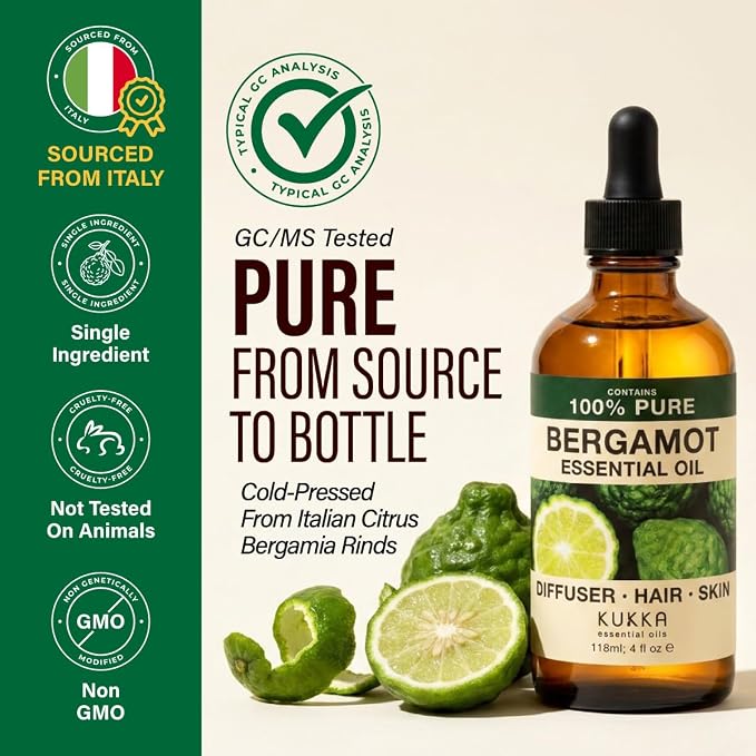 Kukka 100% Pure Bergamot Essential Oil for Skin, Diffuser, 4 Fl Oz | Italian Undiluted Citrus Oil for Diffuser, Aromatherapy, Scalp & Massage Blends, with Dropper