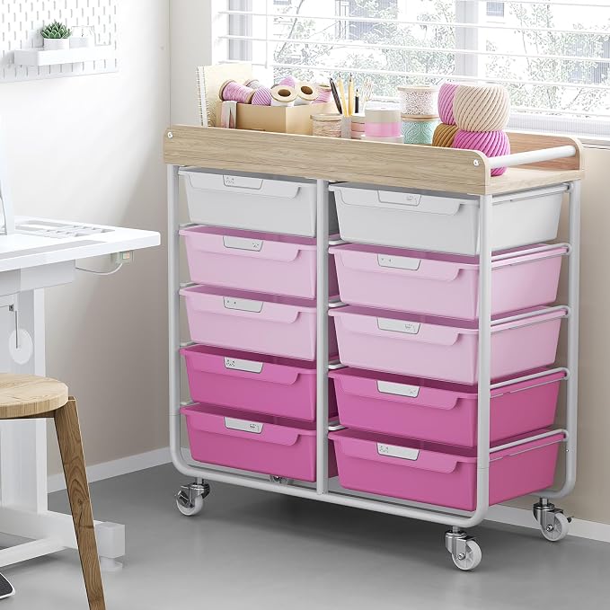 10 Drawers Rolling Cart with Wooden Tabletop, Utility Storage Cart with Wheels, Art Supply Craft Organizer on Wheel with Metal Frame & Handles for Home Office School,Pink | Easy Setup, Large Capacity, Sturdy Build, Lockable Mobility, For office, classr...