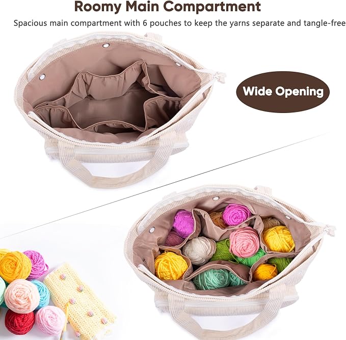MYBAGZING Large Corduroy Yarn Bag - Tote for Crochet Hooks & Accessories - Knitting Storage Bag