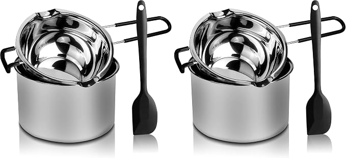 Double Boiler Pot Set, Stainless Steel Melting Pot with Silicone Spatula for Melting Chocolate, Soap, Wax, Candle Making (600ml and 1600ml) (Pack of 2)