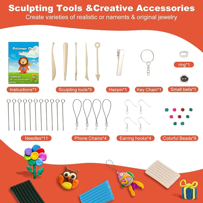 CiaraQ 28-Color Polymer Clay Oven Bake Modeling Kit | 5 sculpting tools, storage box, acc. pack, guide. Great for school, home, gifts, kids & artists.