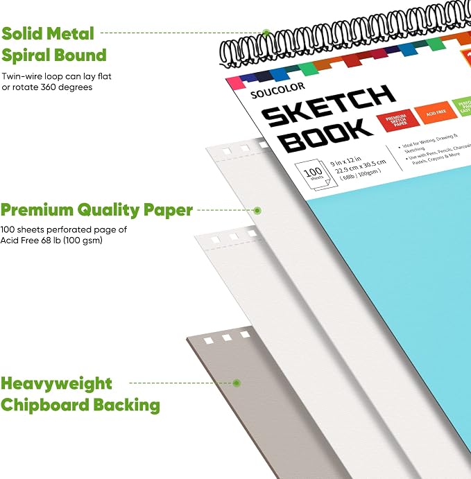 Soucolor 9x12 Sketch Book 2-Pack, 100 Sheets, Acid-Free, Spiral Bound | 68lb acid-free paper, micro-perforated pages, lay-flat spiral binding, great for kids, students& artists. Blue& purple 2-pack