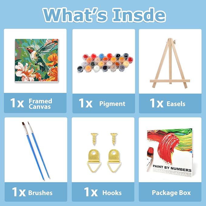 Hummingbird Paint by Numbers Kit for Adults, Paint by Numbers 10x10 Inch | Framed Paint by Numbers with Easel, Acrylic Painting by Numbers, DIY Arts and Crafts for Gifts or Home Decor