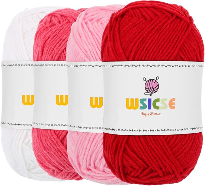 4 Pack Crochet Yarn, 560 Yard Soft Pink Yarn for Hand Knitting Decor Gifts | 60% Cotton, 40% Polyester, 4 x 50G Skeins, for Crochet and Knitting, Soft, Durable, for 3-4 mm Needles, 2-3 mm Crochet Hooks