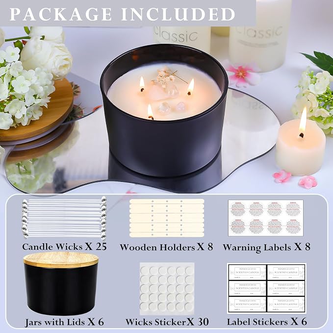 CONNOO 6 Pack 24oz Matte Black Glass Candle Jars with Airtight Bamboo Lids