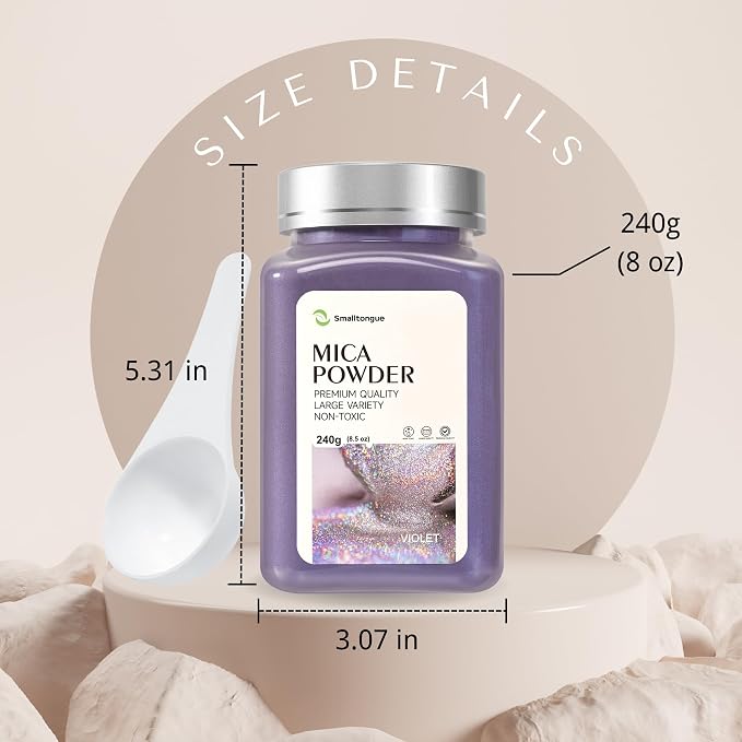 Mica Powder, Violet, 240g with Scoop, Complies with ASTM D-4236 | For Epoxy Resin, Soap, Bath Bomb, Candle| Safety Material| Odorless| Brilliant Colors