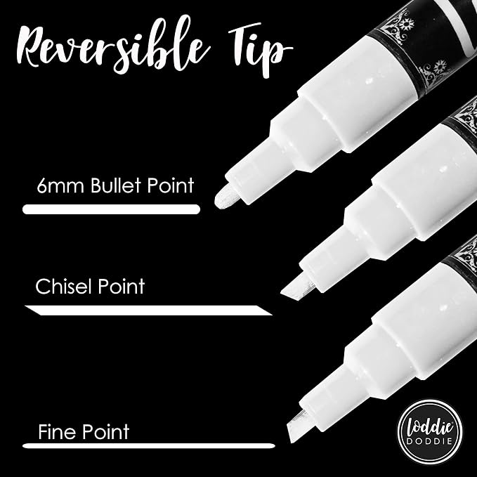Loddie Doddie Chalk Markers, Liquid Chalk, Chalkboard Calendar, 4 Pack | 6mm Reversible Tip for Fine or Bold Lines, Washable Window Markers, Liquid Chalk Markers for Blackboard