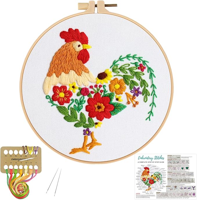 Louise Maelys Embroidery Kit for Beginners with Funny Rooster and Flower | Complete Kit Includes Fabric, Hoop, Threads, Guide. Create Fun Designs with Cross Stitch Kits. Explore Needlepoint Kit