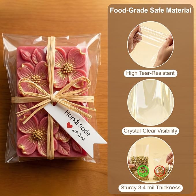 100 Pcs 4.7x7" Plastic Cellophane Bags with 131ft Raffia Ties & 100 Pcs "Handmade with Love" Tags, Clear Goodie Treat Wrappers for Wrapping Homemade Soap Craft Gift Wedding Cookies Candy Snack Party Bakery Favors Christmas (White Tags)