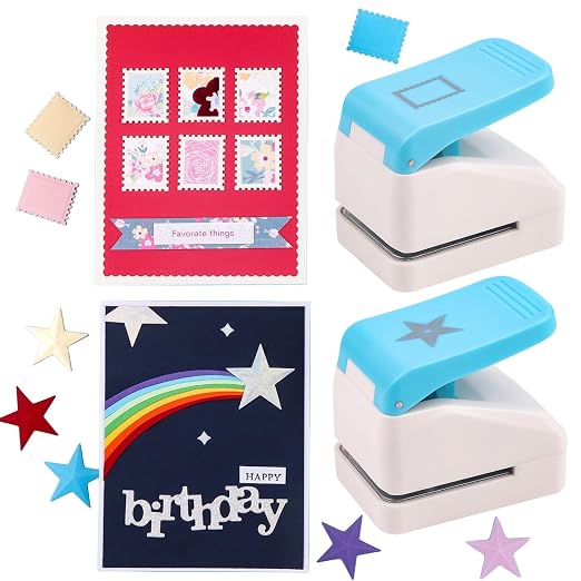 2 Pcs Paper Punch | 3D Star & Stamp Punches | 1.1x0.9 inch Postage Stamp Shape & 1.4 inch Star Embossing Hole Paper Puncher | for Scrapbooking Journaling Paper Craft Card Making DIY Project Cardstock
