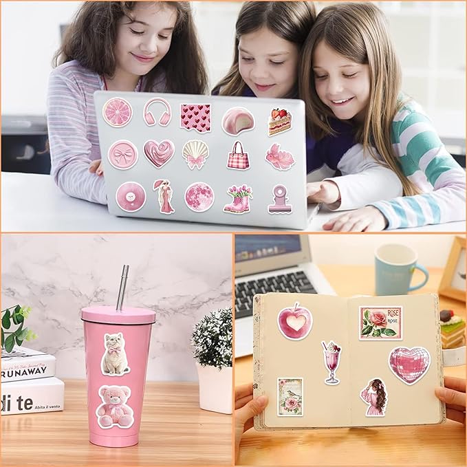 100pcs Vintage Pink Girls Stickers Coquette Pink Aesthetic Stickers for Water Bottles,Laptop Scrapbook Waterproof Computer Phone Guitar Aesthetic Decals