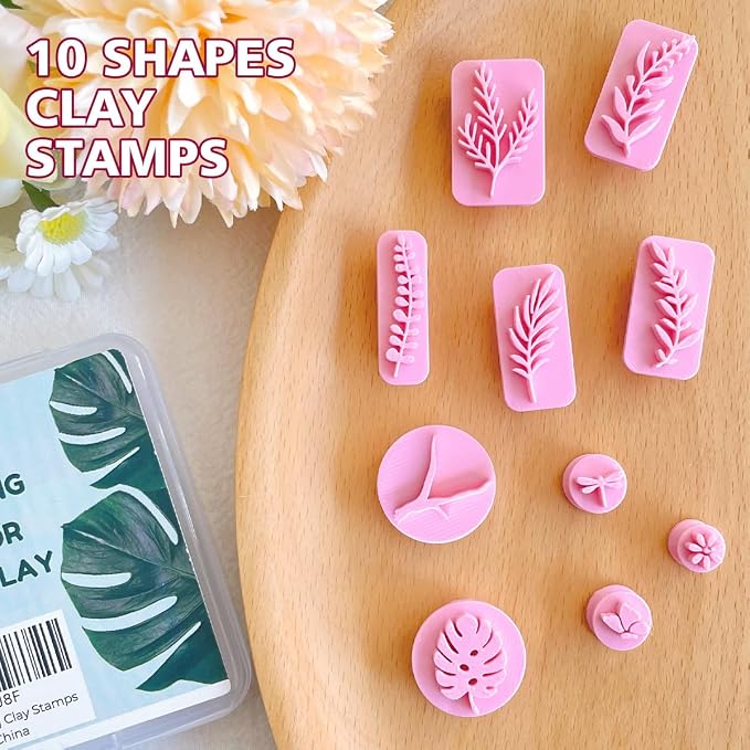 KEOKER Plant Clay Stamps - 10 Shapes for Polymer Clay Jewelry Making, Work with Clay Cutter, Spring Cutter Stamps