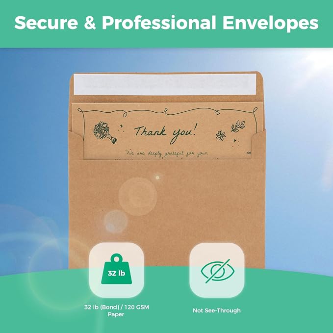 Ohuhu A2 Blank Brown Kraft Cards and Self-Seal Envelopes 100 Pack | 4.25" x 5.5" Folded Cardstock Paper and A2 Envelopes for DIY Greeting Cards Wedding Birthday Invitations and All Occasions