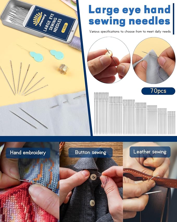70 Pcs Hand Sewing Needles, 7 Size Large Eye Sewing Sharp Needles | Leather Embroidery Thread Needle, Stainless Steel Yarn Knitting Needle with Threader, Thimble for Repair, Quilting