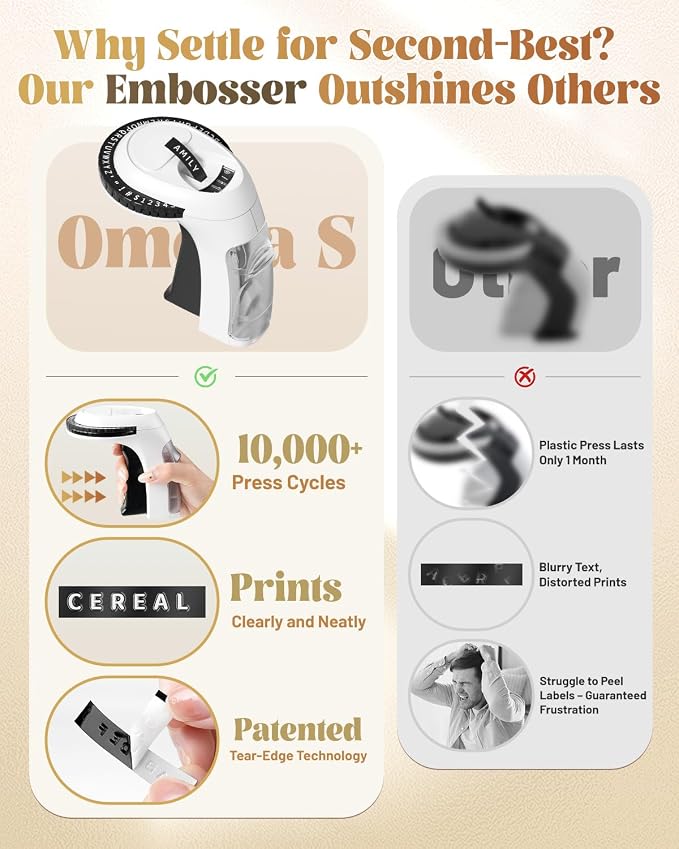 Embossing Label Maker, Embossed Vintage Label Maker, Manual Emboss Machine | Retro Embosser for Home Kitchen Office School Use/DIY Crafts/Scrapbook Junk Journal Supplies, 10-Roll Color 3D Tapes, Omega-S