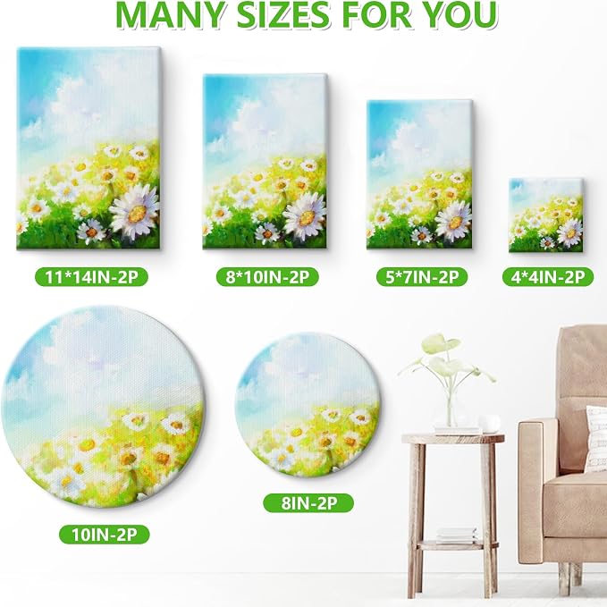 12 Pack Stretched Canvases for Painting, Multi Size Canvas 11x14, 8x10, 5x7, 4x4, Round Canvas with 8x8,10x10, Cotton Primed Paint Blank Canvas for Oil Paint, Acrylic Paint, for Beginners, Artists.