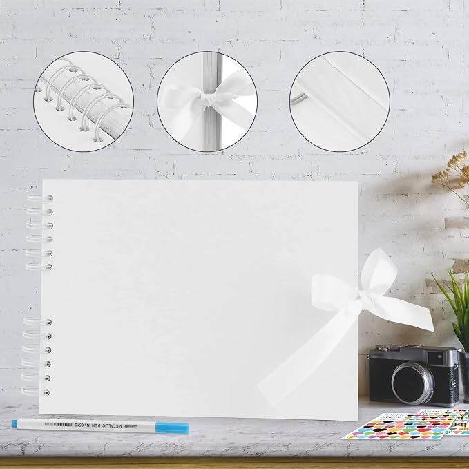 Gotideal 80 Pages Scrapbook Album with 10 Metallic Markers, White | Craft Paper Photo Album for Wedding and Anniversary, Family DIY Scrapbook Accessories with Scrapbooking Stickers Corners