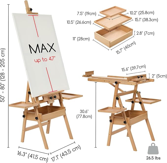 MEEDEN Painting Easel with Storage and Tray: H-Frame Beech Wood Art Easel | Easel Stand for Adults, Artists, Students, Beginners - Adjustable 50"-80" H, Holds Canvas Up to 47 Inches