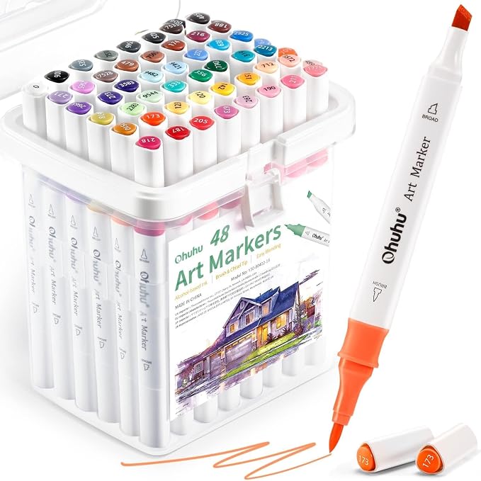 Ohuhu Alcohol Markers Brush& Fine 48 Landscape Colors for Adult Coloring