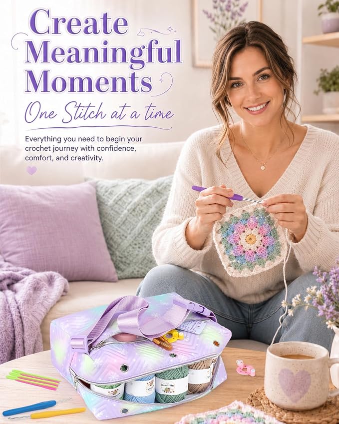Aeelike Crochet Kit for Beginners Adult, Complete Knitting Yarn Kit, Purple | 87 PCS Crochet Kits for Beginners All-inclusive Crochet Set with Yarns Hooks Step-By-Step Instruction Storage Bag, Ideal Gift