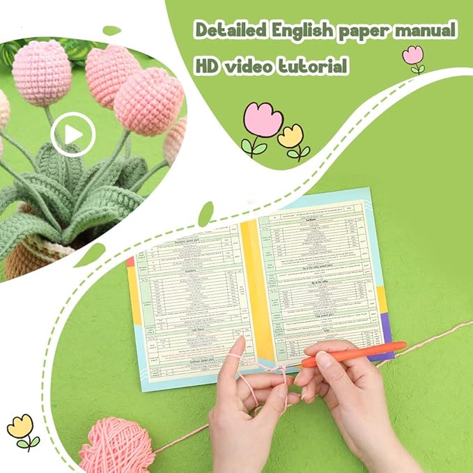 kgxulr Crochet Kit, Tulip Crochet Kit for Beginners, Knitting Kit | Beginner Crochet Kit, Crochet Flower Kit with Step-By-Step Video Tutorials, Beginner Crochet Kit for Adults