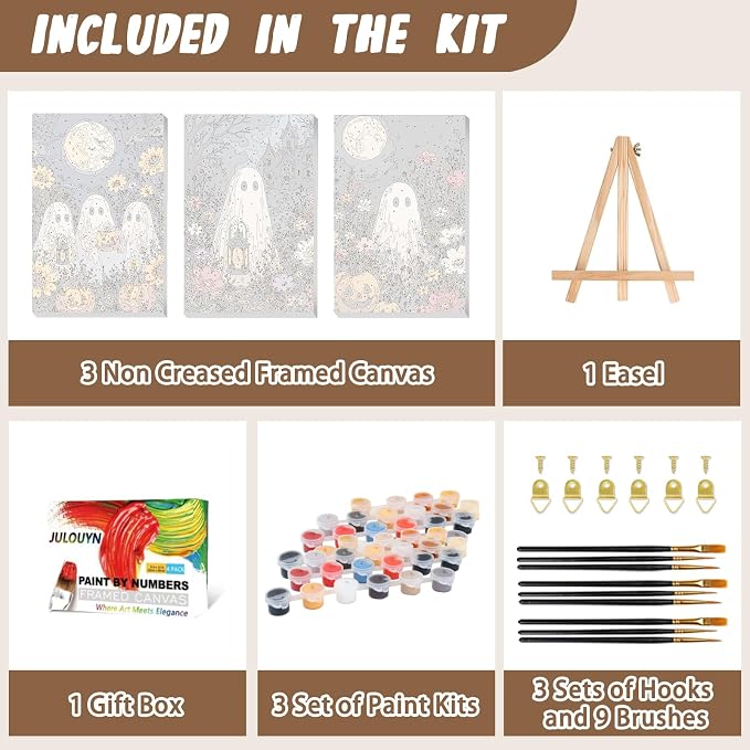 XTCIXAL 3 Pack Paint by Numbers Kit for Adults, Halloween, 8x12 Inch | Paint by Number for Adults Beginner, Framed Canvas, Included Easel and Gifts Box, Fun and Relaxing, Home Wall Decor