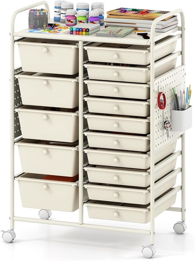 Giantex 15 Drawer Storage Cart, Rolling Craft Cart with Metal Tabletop & Pegboard, Mobile Utility Organizer Trolley with Locking Wheels, Home Office, Classroom, Teacher Supplies, Ivory