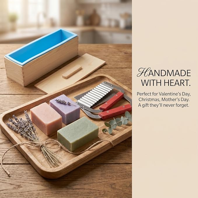 ZOENHOU 3PCS 42 oz Blue Silicone Soap Molds with 2 Cutters, Flexible Rectangular Silicone Loaf Soap Making Molds Kit with Wooden Box and Lid, DIY Tool Set for Soap Making Supplies