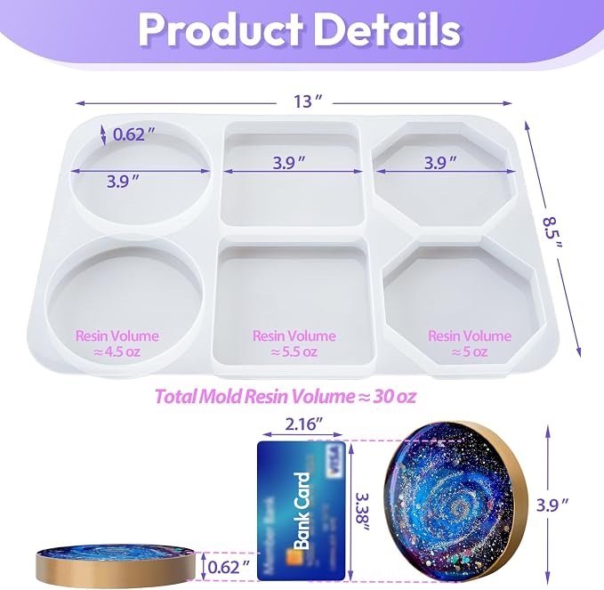 HeyClear Coaster Resin Molds Silicone for Epoxy-Round Square Octagon | for Crafts DIY Tray, Cup Coasters, Flower Bouquet Preservation, Resin Art, Home Decoration, Flexible, Easy to Clean & Demold