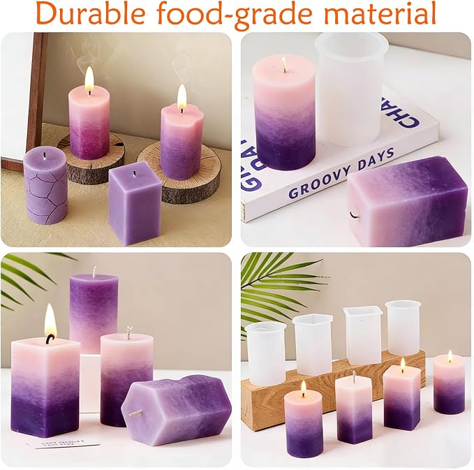 8PCS Reusable Silicone Candle Molds Set - Cylinder/Hexagon/Octagonal/Heart/Flower/Square Shapes for DIY Candle Making, Soap, Resin Crafts, Easy Release Candle Making Kit (8, Cylinder & Hexagon)