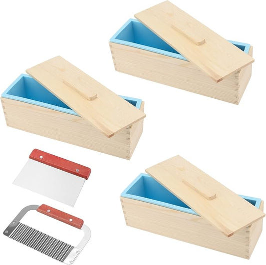 ZOENHOU 3PCS 42 oz Blue Silicone Soap Molds with 2 Cutters, Flexible Rectangular Silicone Loaf Soap Making Molds Kit with Wooden Box and Lid, DIY Tool Set for Soap Making Supplies