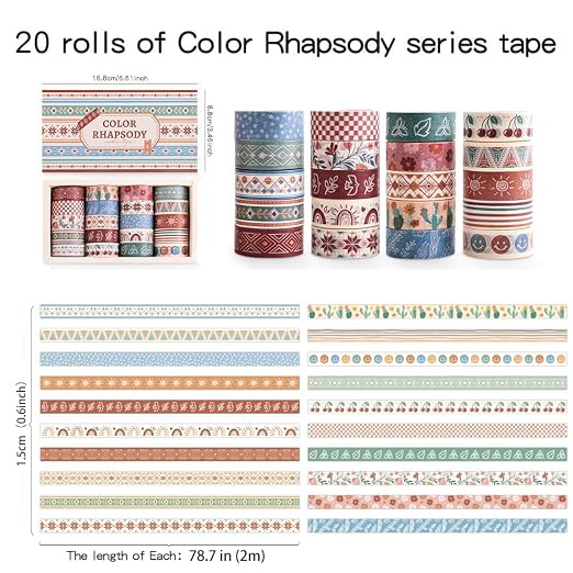 icceemee 20 Rolls Bohemia Theme Washi Tape Set,Writable Decorative Tapes for Scrapbooking, Junk Journal Supplies, Bullet Journaling, 0.6"x79" per Roll