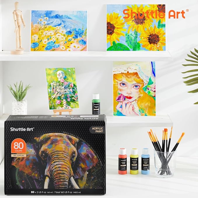 Shuttle Art 80 Colors Acrylic Paint, Acrylic Paint set with 12 Paint Brushes, 2oz/60ml Bottles, Rich Pigmented, Premium Paints for Artists, Beginners and Kids on Canvas Rocks Wood Ceramic