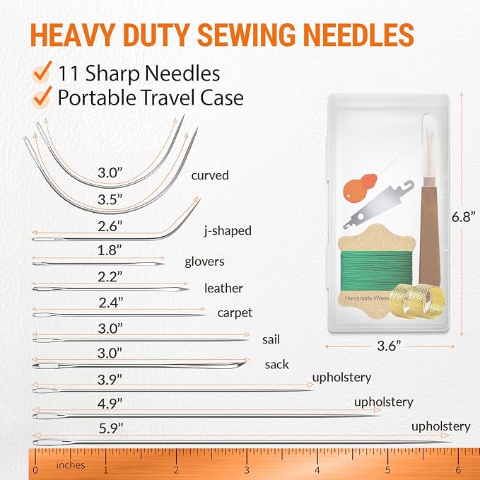 VONEEDL Upholstery Repair Kit: Waxed Sewing Thread (Green Color) & Heavy Duty Needles (11 PCS) for Leather, Canvas & Quilting Thread