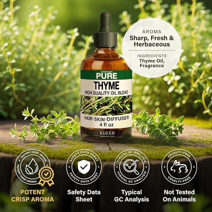 100% Pure Thyme Essential Oil 4 Fl Oz - Thyme Oil for Hair and Skin | French Undiluted Thyme Oil for Diffuser, Aromatherapy, Cleaning, Body Massage, Non-GMO, Herbaceous Aroma, with Dropper