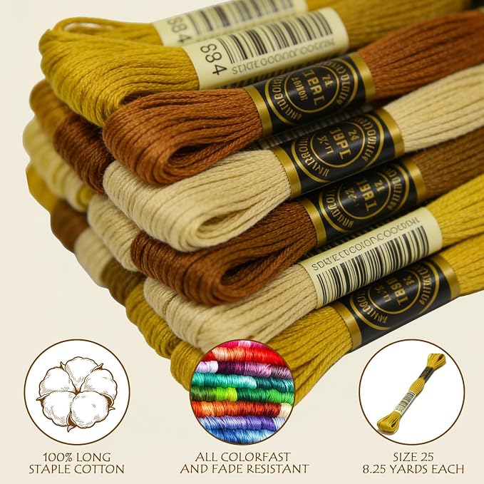 Premium Rainbow Color Embroidery Floss - Cross Stitch Threads - Friendship Bracelets Floss - Crafts Floss - 14 Skeins Per Pack Embroidery Floss, Gold Gradient