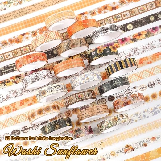 icceemee 20 Rolls Sunflower Theme Washi Tape Set with Different Colorful Patterns, Writable Decorative Tapes for Scrapbooking, Junk Journal Supplies, Bullet Journaling, 0.39'' x 79'' per Roll